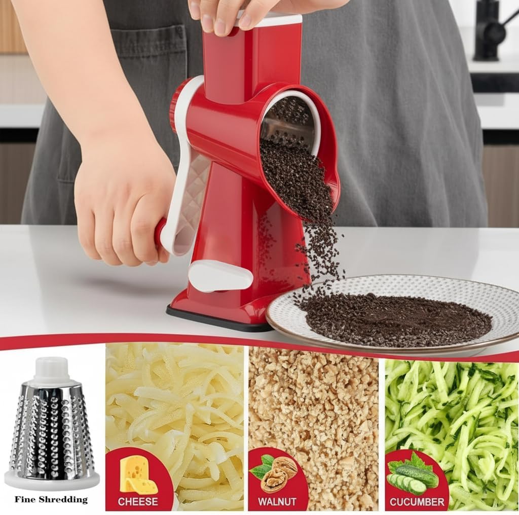 YOUCZON Rotary Cheese Grater Multi-Purpose Stainless Steel Cheese Shredder - Cheese Grater With Handle Effortless Grating of Carrots, Potatoes, Vegetables, and Fruits (Red)