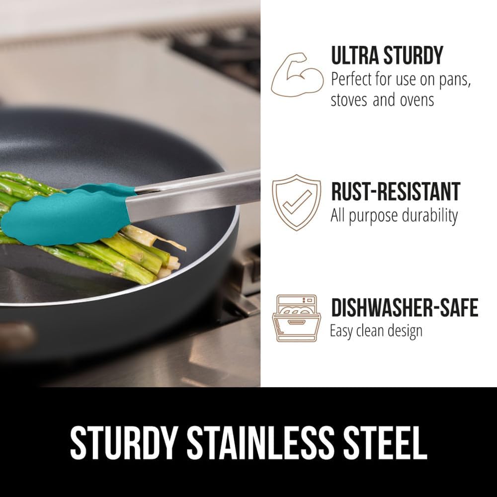 GORILLA GRIP Stainless Steel Heat Resistant Kitchen Tongs for Cooking, Set of 2 BBQ Tong, Non Scratch Silicone Tip for Pans, Strong Grip, Grab Food, Toss Salad, Air Fryer, Pull Lock, 7 + 9 Inch, Black