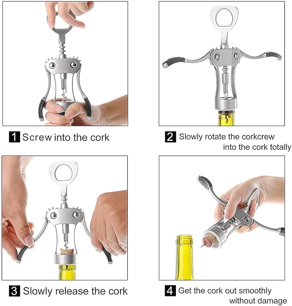 Professional Wing Corkscrew - Zinc Alloy Wine Opener with Non-Slip Silicone Handle - Multifunctional 2 in 1 for Red Wine and Beer Bottles - Ideal for Home Bars, 19 x 6 x 5.5 CM, Natural