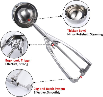 Cookie Scoop Set of 3 Ice Cream Scoop With Trigger 18/8 Stainless Steel Ice Cream Scooper Cookie Scoops for Baking Meatball scoop Melon Baller Fruit Scoop Include Large-Medium-Small Size