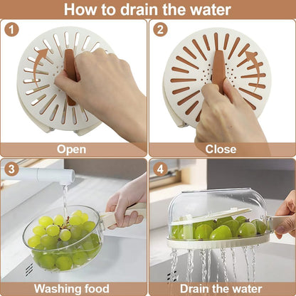 Multifunctional Fruit Washing Bowl,2 in 1 Drainer and Strainer,Foldable Handle Drain Basket with Lid,Kitchen Colanders & Food Strainers, Suitable for Washing Fruits and Vegetables