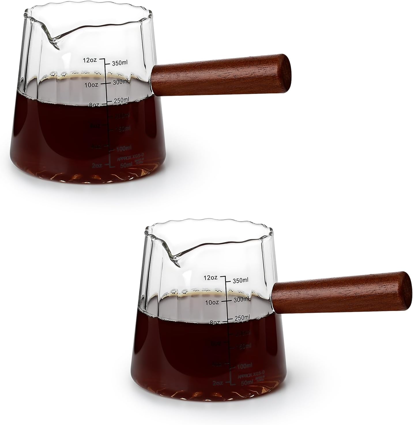 Glass Measuring Cup, 12oz Pour Over Coffee Maker with Wood Handle, Creative V-Shaped Spout Creamer Milk Frothing Pitcher Coffee Carafe Server (2-Gray)
