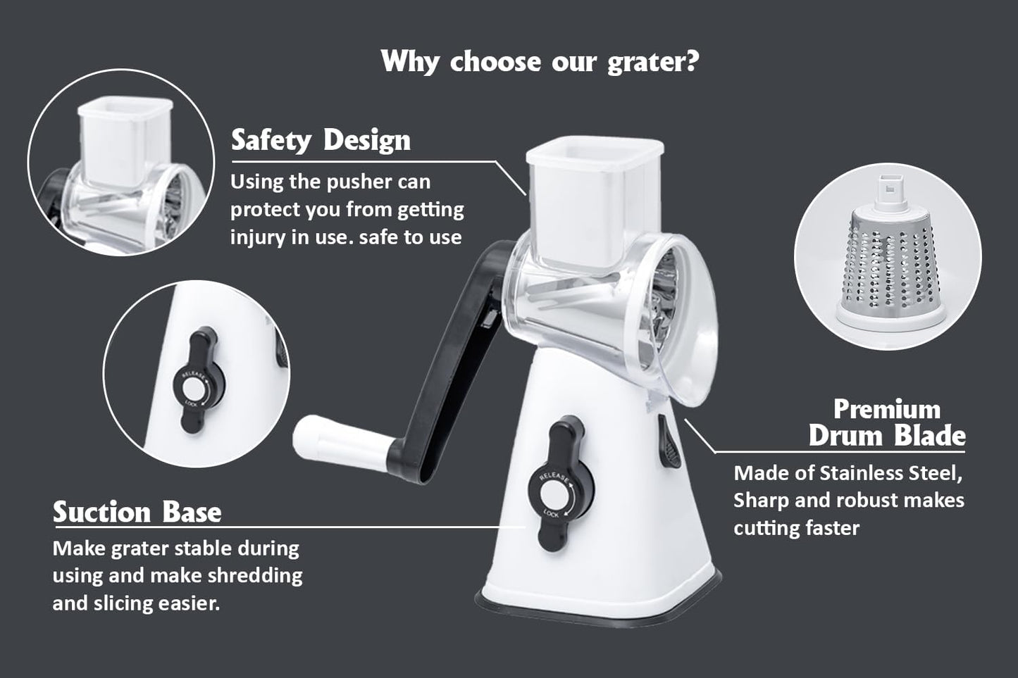 Premium Rotary Cheese Grater - Effortless Grating for Perfectly Shredded Cheese Every Time! (White and Black)