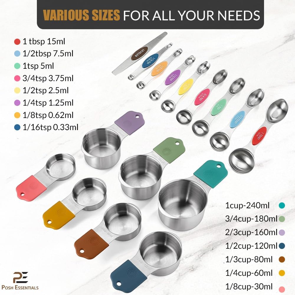 15 PCS Magnetic Measuring Spoons & Cups Set - 18/8 Food Grade Stainless Steel, Double Sided, Dishwasher Safe - Easy Read & Stackable for Effortless Storage