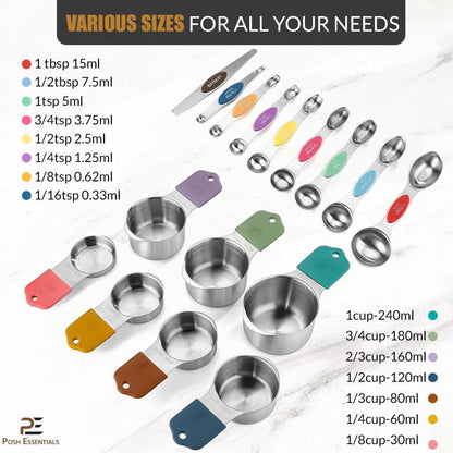 15 PCS Magnetic Measuring Spoons & Cups Set - 18/8 Food Grade Stainless Steel, Double Sided, Dishwasher Safe - Easy Read & Stackable for Effortless Storage