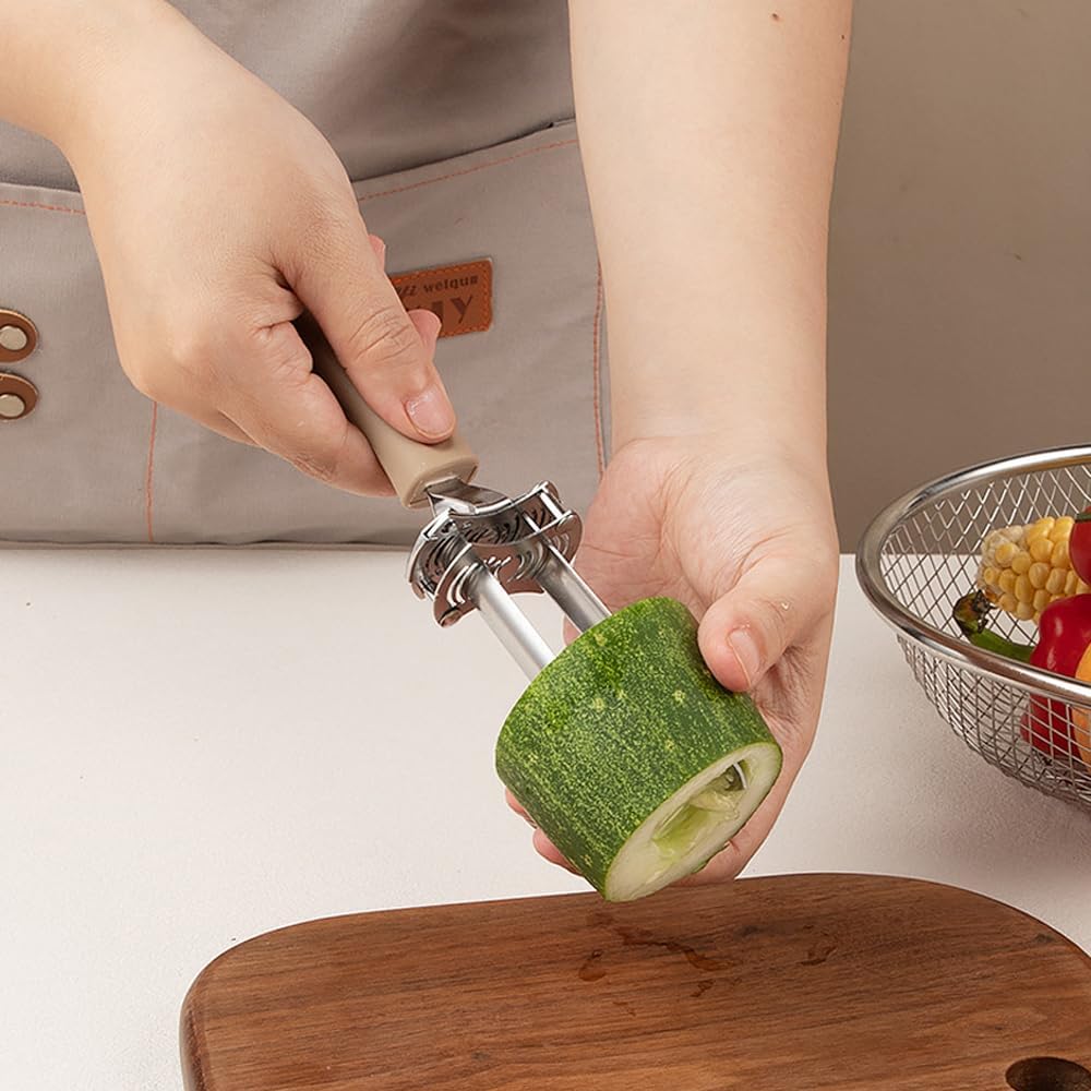 Apple Corer Tool - Stainless Steel Professional Apple Core Remover for Fruits & Vegetables, Multi-Purpose Corer Tool Kitchen with Storage Hook (Khaki)