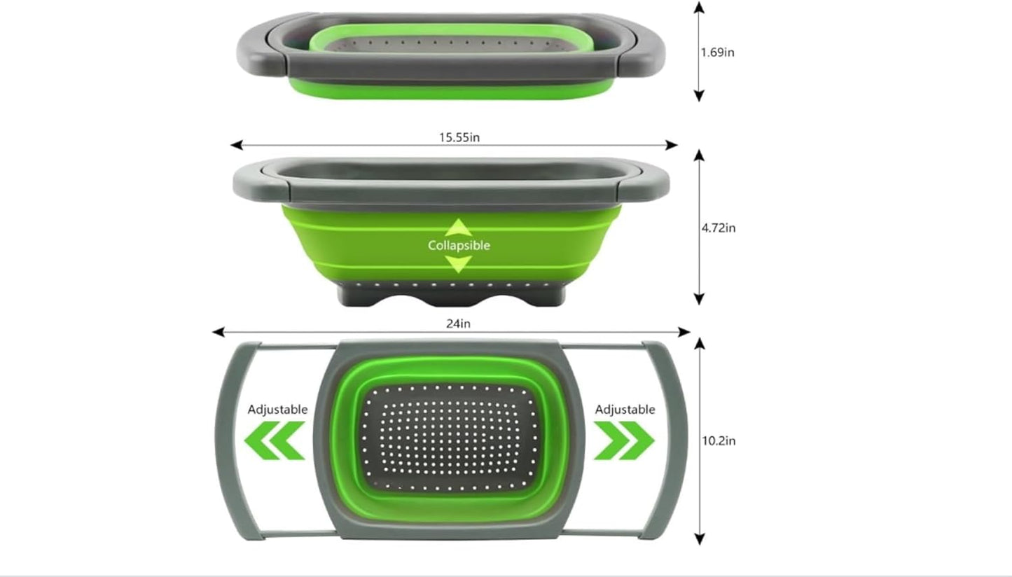 Colander collapsible,Collapsible strainer,Colander Strainer Over, Vegetables & Fruits – Over The Sink Strainer,Strainers (6 Quart) with Extendable Handles,Kitchen Essentials (green)