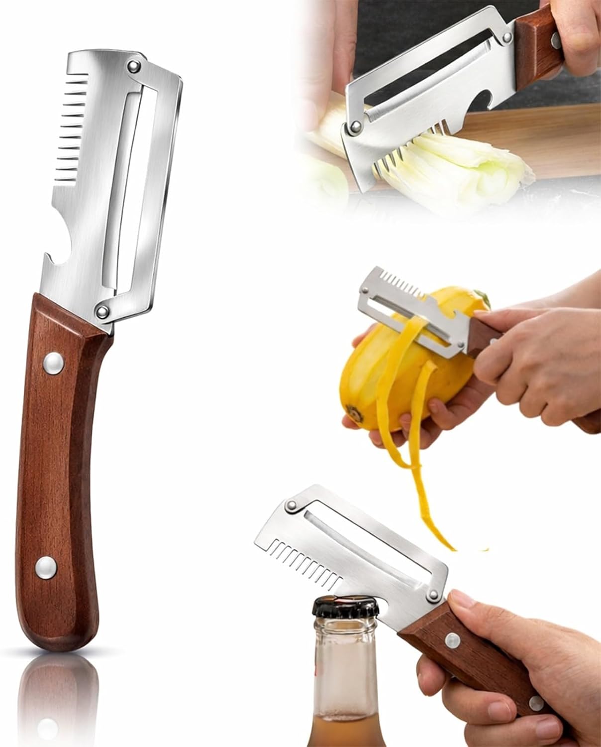 3-1 Multi-functional Vegetable Peeler, 2026 New Ktchen Multi-function Stainless Steel Thickened Fruit Peeler Knife with Wooden Handle,Suitable for Peeling Fruits and Shredding Scallions (2PCS)