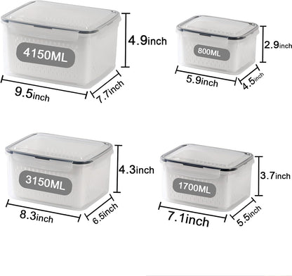 3Pack Fridge Food Storage Container Set with Lids with Strainer, Fruit Vegetable Storage Containers Keep Fruits, Vegetables, Berry, Meat Fresh longer, BPA-Free Plastic Produce Keepers