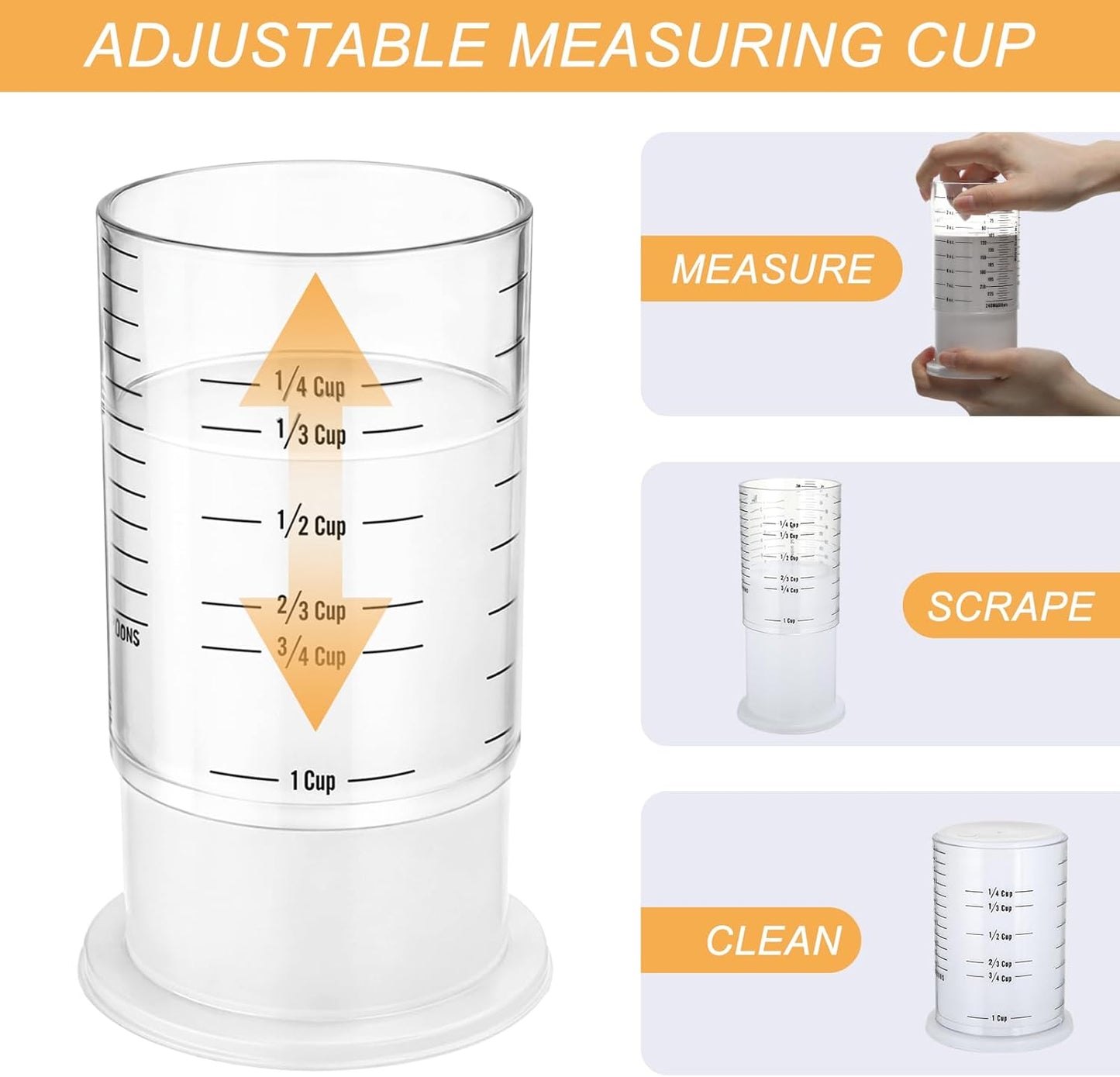 6 Pcs Adjustable Measuring Cups Set Includes 2 Cup Push up Measuring Cup and 5 Measurings Spoon for Peanut Butter 4 in 1 Liquid Dry Semi Solid Ingredient Home Cooking Tool