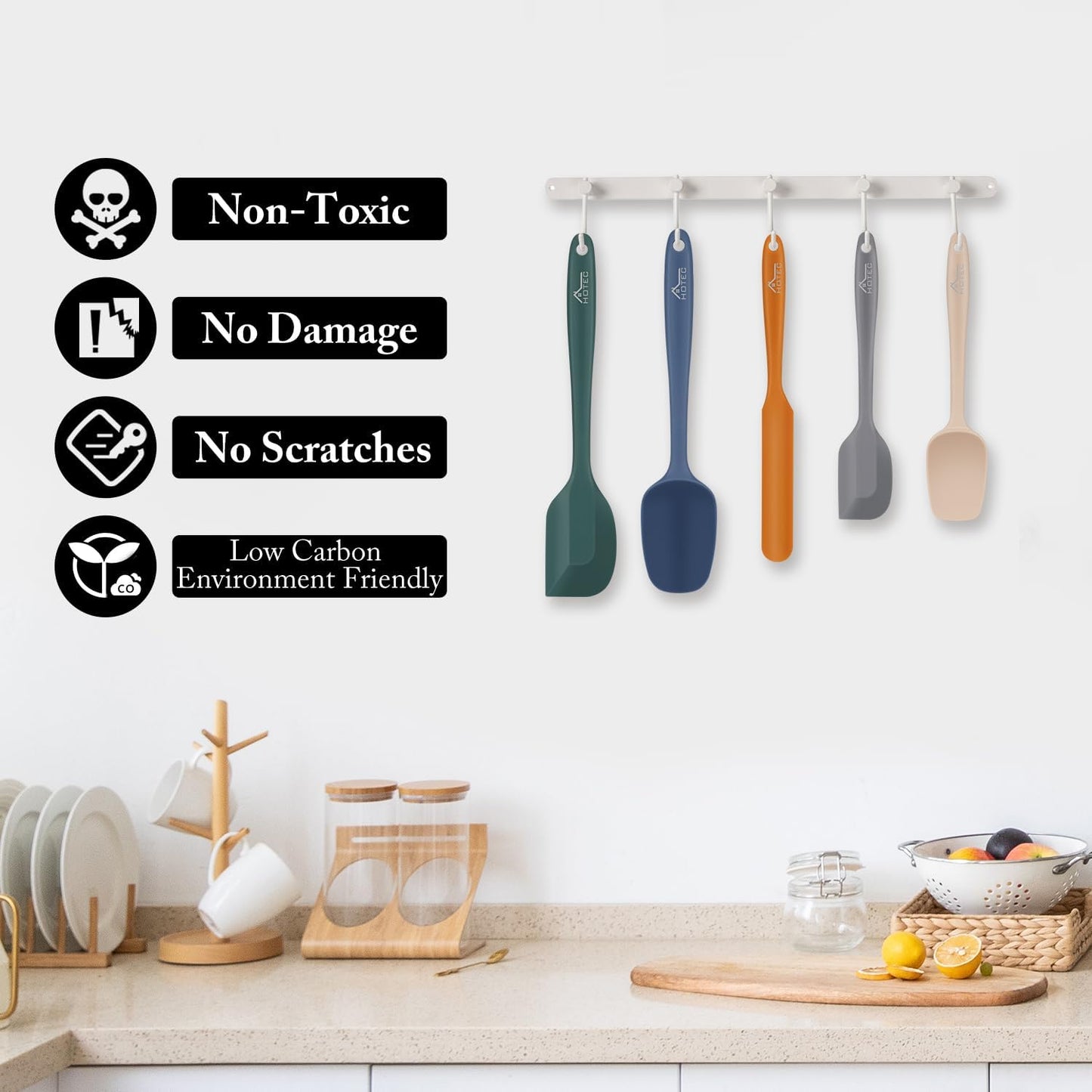 HOTEC 600℉ Heat Resistant BPA-Free Silicone Rubber Spatula Set,Kitchen Cooking Spatulas, Baking, Mixing for Non Stick Cookware, Dishwasher Safe, Set of 5, Khaki