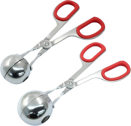 1.38"+ 1.89" Meatball Maker, 2Pcs None-stick Meatball Scoop Ball Maker, Stainless Steel Meat Baller Tongs, Cake Pop, Cookie Dough Scoop for Kitchen (Red)