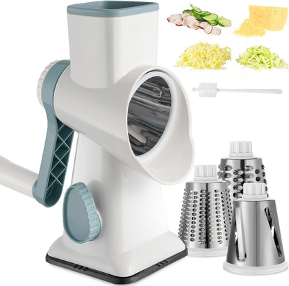Cheese Grater Hand Crank Rotary Vegetables Shredder with Handle, 3-in-1 Graters with Interchangeable Blades and Non-slip Base Multifunctional Slicer for Kitchen