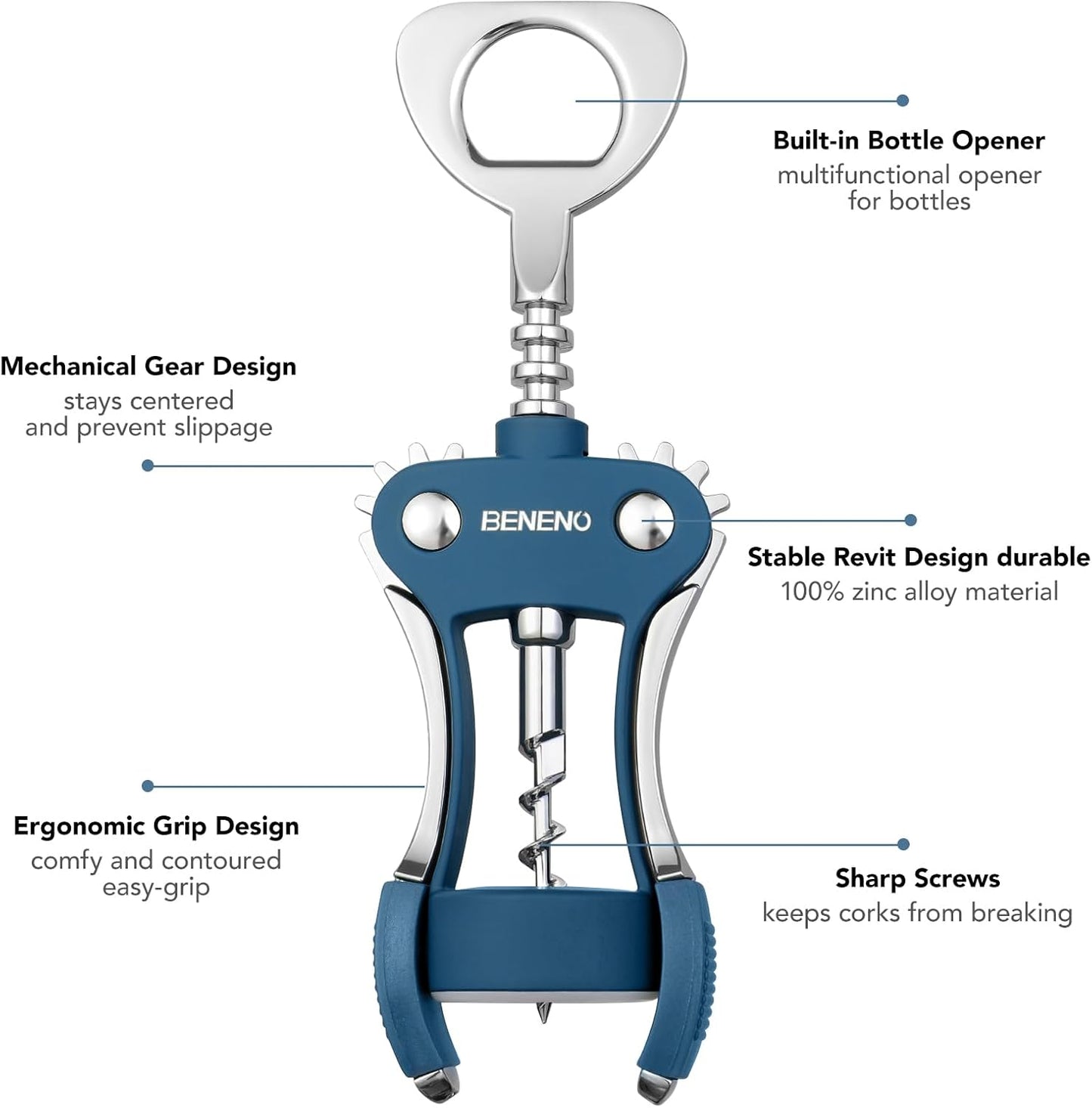Beneno Wine Opener, Zinc Alloy Premium Wing Corkscrew with Multifunctional Bottles Opener, Sharp Wine Corkscrew with Ergonomic Non-Slip Wing Handle, Silver
