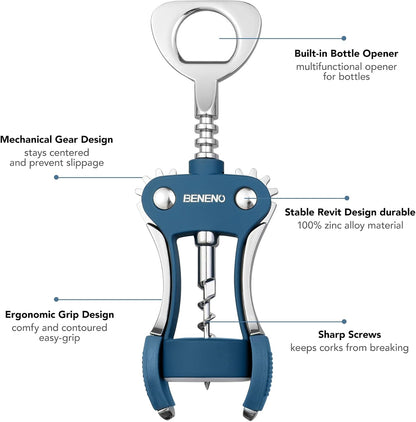 Beneno Wine Opener, Zinc Alloy Premium Wing Corkscrew with Multifunctional Bottles Opener, Sharp Wine Corkscrew with Ergonomic Non-Slip Wing Handle, Silver