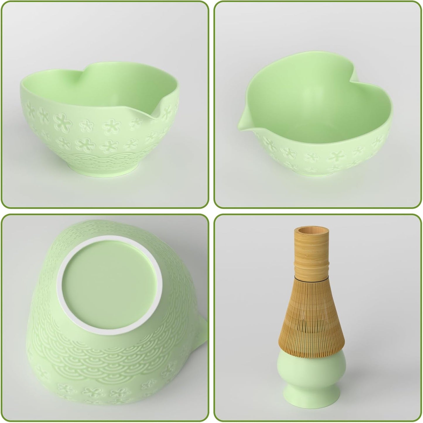 Matcha Whisk Set & Japanese Tea Set, 8PCS Ceramic Matcha Kit, Heart-shaped Matcha Bowl with Spout and Bamboo Whisk for Ceremony Matcha Lovers, Ideal Gift Christmas and Birthday (Matcha Green)