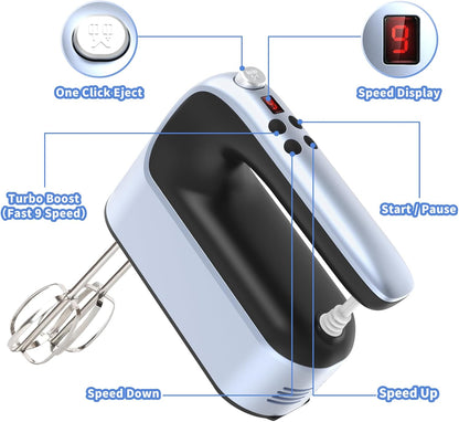 Yomelo 9-Speed Digital Hand Mixer Electric, 400W Powerful DC Motor, Hand Mixer Electric Handheld with Snap-On Storage Case, 5 Stainless Steel Accessories, Beaters, Dough Hooks, Whisk(Ice Blue/Black)