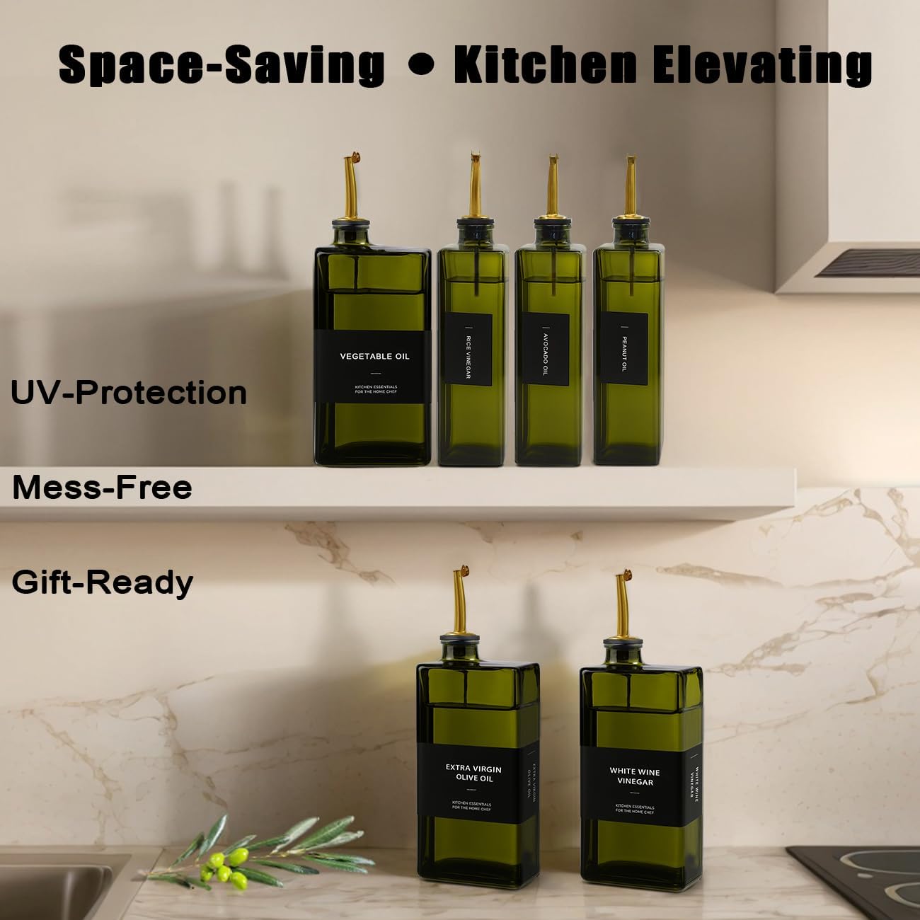 Olive Oil Dispenser Bottle for Kitchen 16.9oz, UV-Blocking Oil and Vinegar Dispenser Set, Soy Sauce Dispenser, Space Saving Design for Countertop (Green, 2pcs)