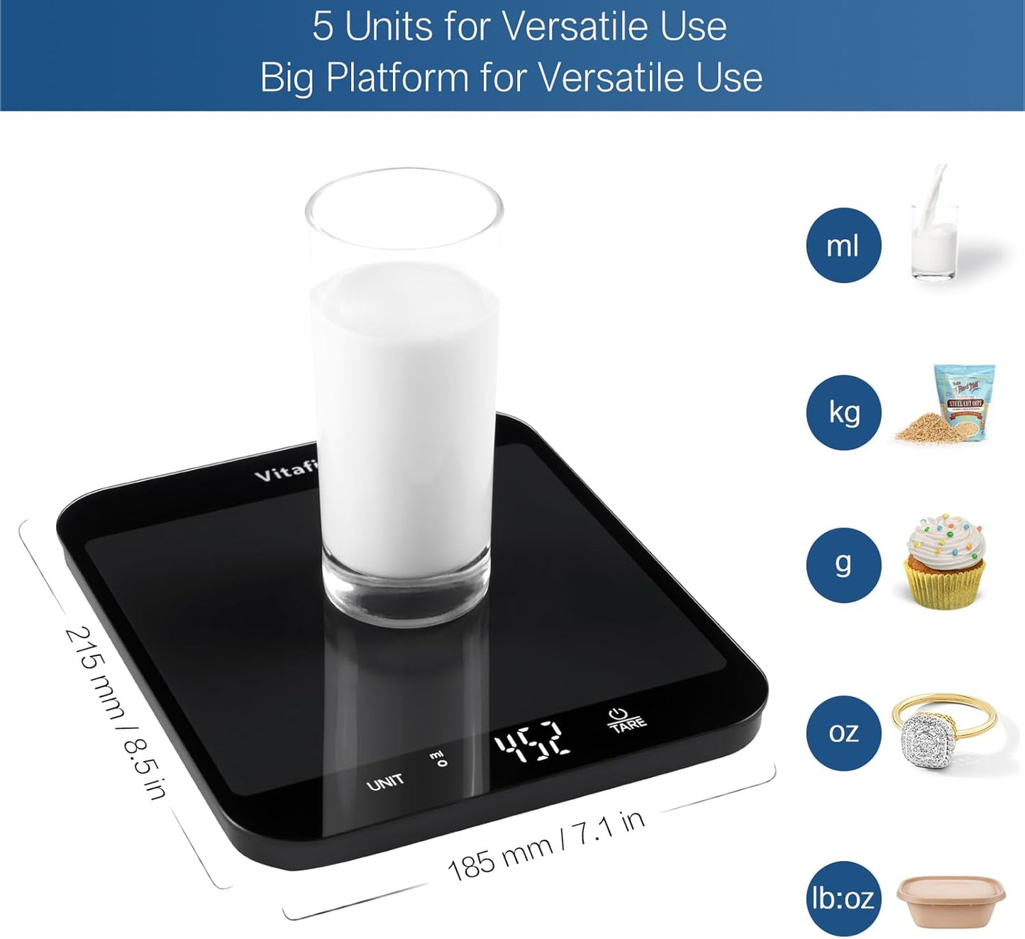 Vitafit 33lb/15kg Digital Food Scale in High Precision 0.1oz/1g, Our Own Kitchen Scale Professional Factory Since 2001, Home and Kitchen Essentials for Cooking and Baking, LED, 3*AAA Batteries, Black