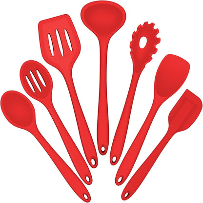 E-far Silicone Cooking Utensils Set, 7-Piece Black Heat Resistant Kitchen Utensils Set, Kitchen Nonstick Tools Spatula Ladle Spoon Pasta Server for Non-stick Cookware, Non-Toxic & Dishwasher safe