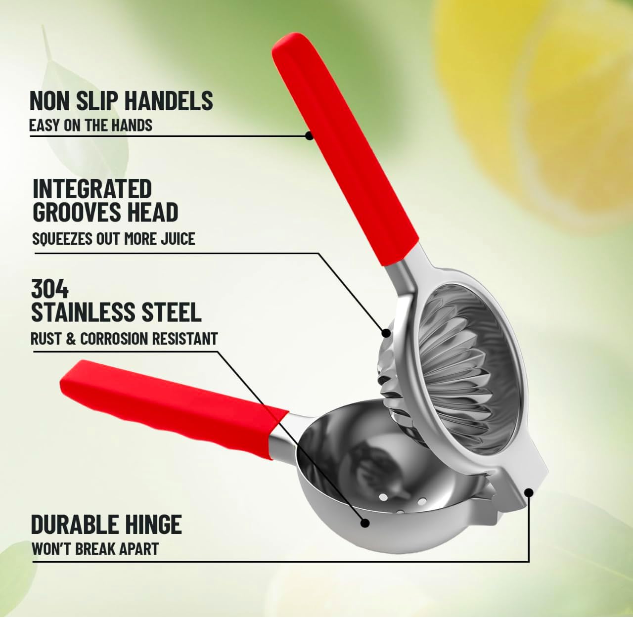 Lemon Squeezer Stainless Steel - Manual Citrus Juicer Large, Metal Lime Squeezer Hand Press, Orange Juice Extractor with Non-Slip Grip, Dishwasher Safe - TUISWO (Silver/Black)