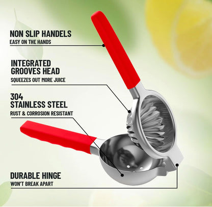 Lemon Squeezer Stainless Steel - Manual Citrus Juicer Large, Metal Lime Squeezer Hand Press, Orange Juice Extractor with Non-Slip Grip, Dishwasher Safe - TUISWO (Silver/Black)