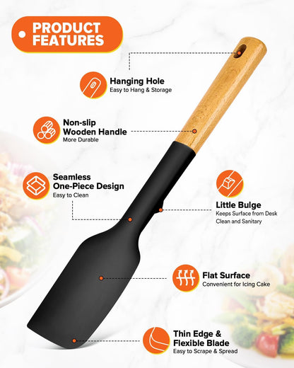 Silicone Spatula and Spoonula Set, Great For Stirring, Tough Mixing and Folding, Sturdy Bpa-Free Matte Silicone, Wooden Handle Rubber Scraper For Nonstick Cookwares (Grey)