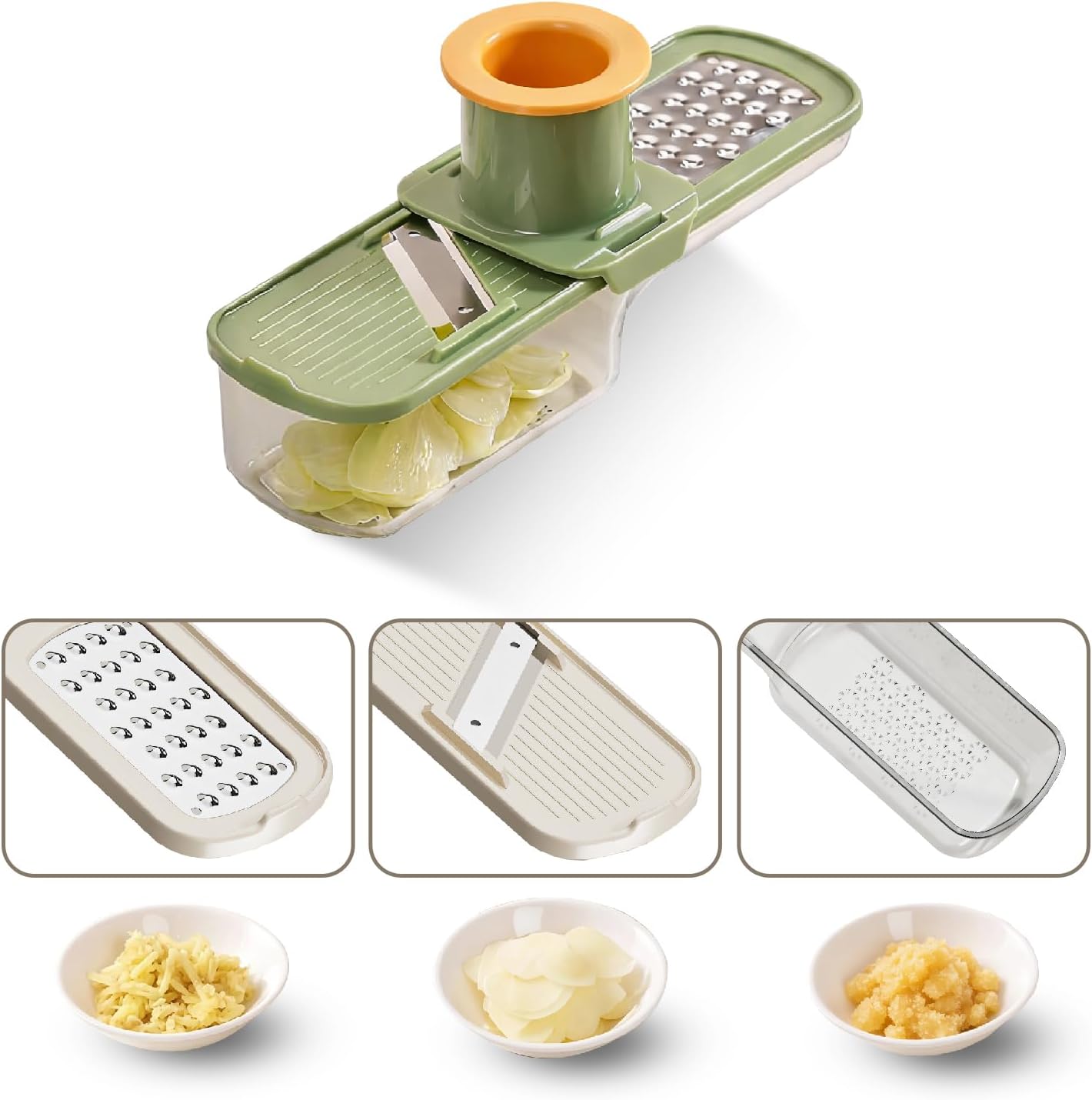 3 in 1 mini Ginger Garlic Grinder Super Thin, Multifunctional Mandoline slicer Grater with Hand Guard, Easy Grip Handheld Kitchen Tool, for Camping Cooking and Picnic (green)
