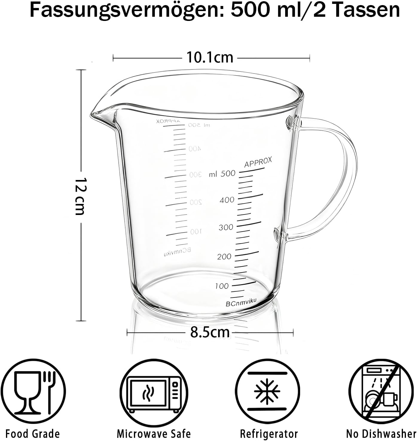 BCnmviku Glass Measuring Cups High Borosilicate 500ML 2CUPS [Insulated Handle | V-Shaped Spout]For Prepping Baking and Cooking Preheated Oven Dishwasher Freezer and Microwave Safe