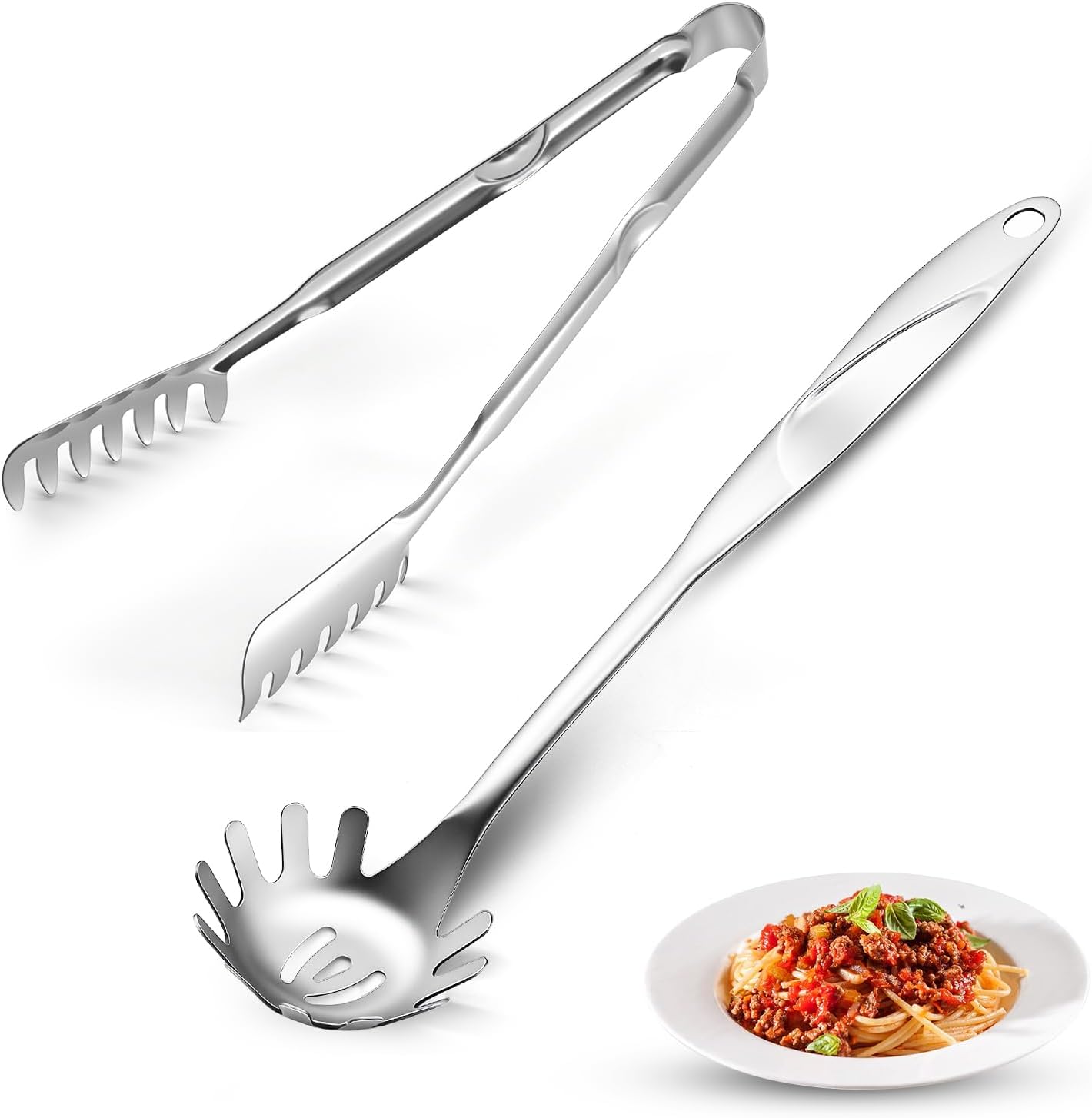 Spaghetti Spoon and Pasta Tong with Grip Teeth and Drain Holes, 2-Piece Non-Stick Silicone Head with Stainless Steel Handle, Heat Resistant Food Grade Utensils for Cooking, Serving, Salad and Noodles