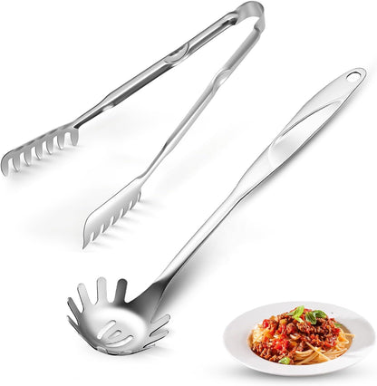 Spaghetti Spoon and Pasta Tong with Grip Teeth and Drain Holes, 2-Piece Non-Stick Silicone Head with Stainless Steel Handle, Heat Resistant Food Grade Utensils for Cooking, Serving, Salad and Noodles