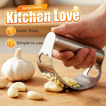 Kruggo Garlic Press Rocker, Stainless Steel Garlic Crusher, Mincer and Chopper with Peeler and Cleaning Brush, Comfortable Grip & Effortless Smashing, Essential Kitchen Tools (Crusher+Peeler- 2PCS)