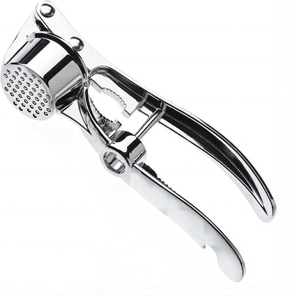 5-in-1 Stainless Steel Garlic Press, Multi-Function Kitchen Gadget with Mincer, Crusher, Bottle Opener, Pit Remover