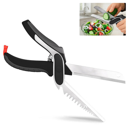 2 in 1 Kitchen Scissors for Food – Stainless Steel Blade & Plastic Cutting Board Scissors with Safety Lock | 9.5" Tomato Knife, Fruit & Vegetable Cutter – Easy-to-Use Kitchen Shears for Meat, Cheese