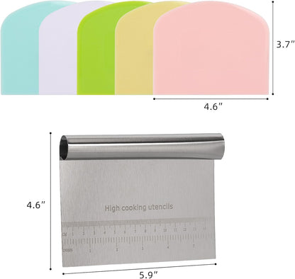 6 Pcs Dough Scraper Bench Scraper, Stainless Steel Scraper/Chopper & Plastic Dough Cutter for Bread Cake Pastry Sourdough