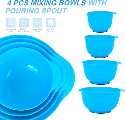 BoxedHome Green Ombre Nesting Plastic Mixing Bowl Set With Pour Spout, Microwave and Dishwasher Safe, BPA free Non-Slip Base, Set of 4 Size 1.7, 2.5, 3.5 and 4.5qt, Great for Prepping, Baking, Cooking