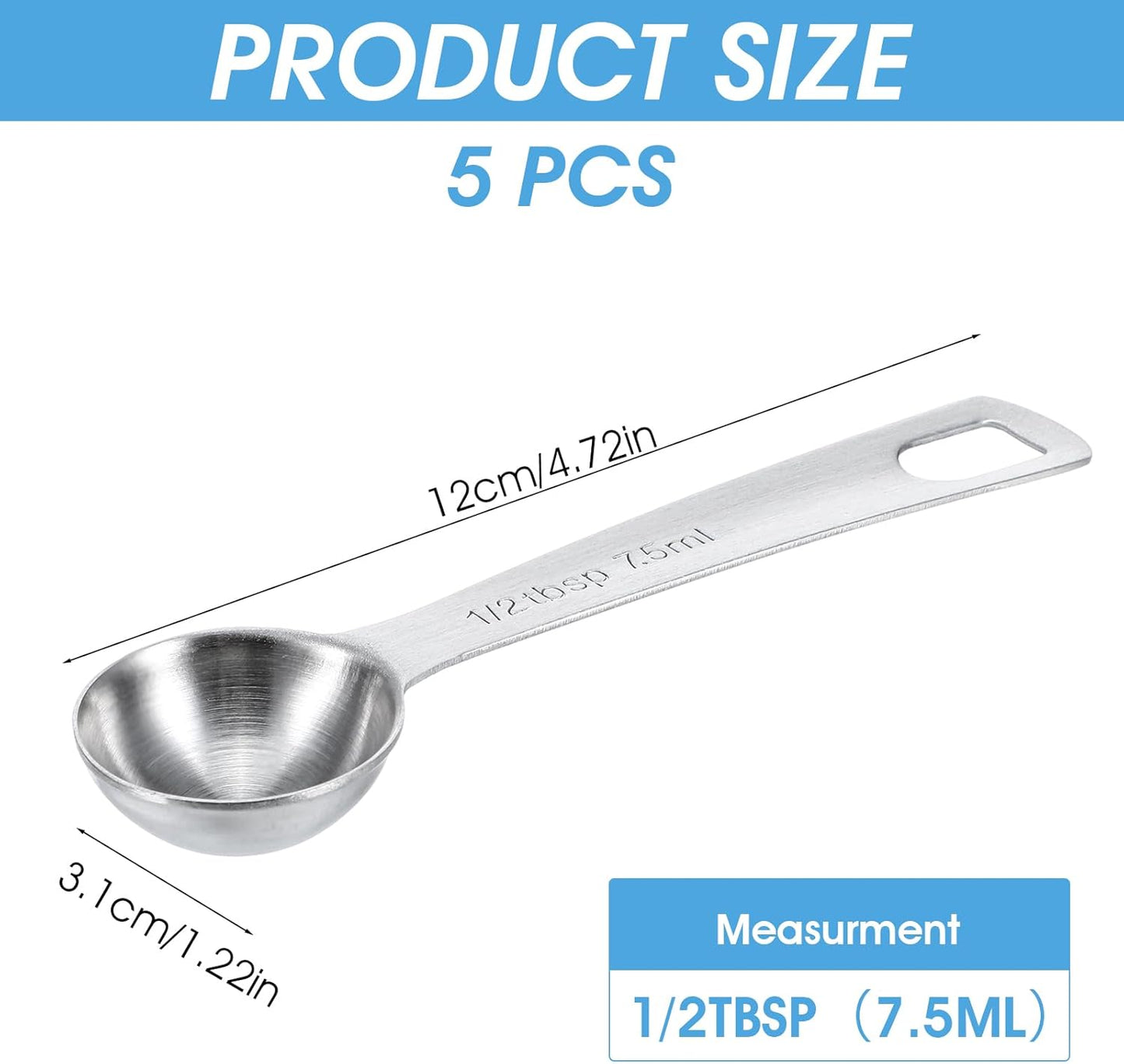 5 PCS Measuring Spoons Tablespoon Measuring Spoon 1/3 Tbsp (1 tsp | 5 ml | 1/6 oz) Stainless Steel Measurings Spoons for Kitchen Cooking Spoon(Silver)