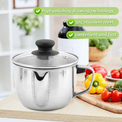 Stainless Steel Fat Separator with Strainer & Glass Lid, 1000ml Gravy Grease Separator for Soup, Stew, and Sauces,Two-Way Outlet, Multi-Use Kitchen Essential