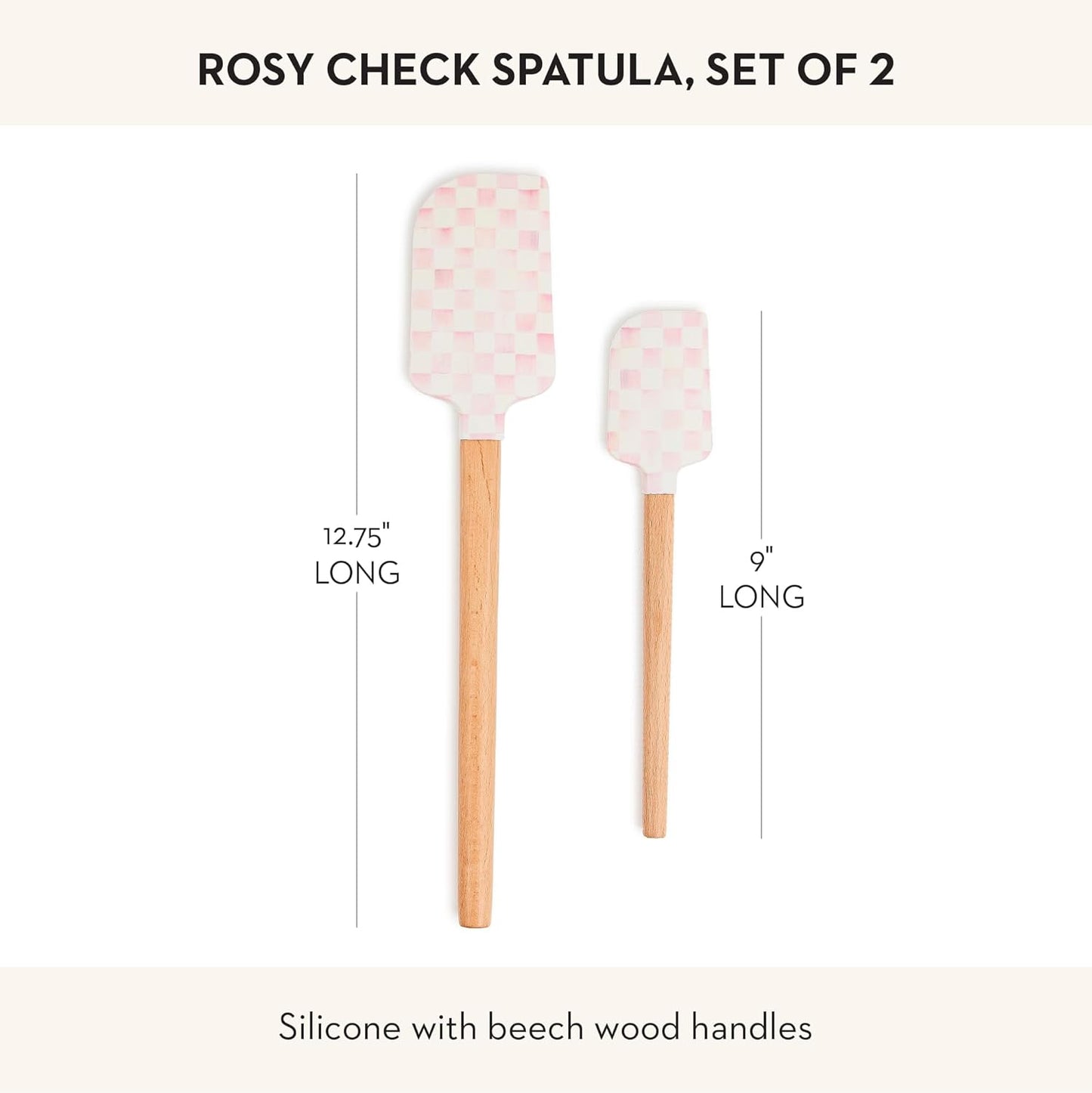 MACKENZIE-CHILDS Silicone Spatulas with Wooden Handles, Silicone Kitchen Spatula Set, 9 Inches and 12.75 Inches, Set of 2, Green-and-White Emerald Check