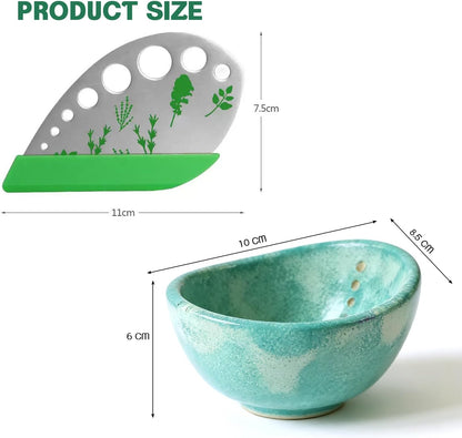 Herb Stripper 9-Hole Stainless Steel Peeler & 5-Hole Herb Stripper Bowl – Ceramic Herb Peeling Bowl, Kitchen Herbs Leaf Stripping Tool Easy to Clean Tools for Fresh Kale, Rosemary & Basil