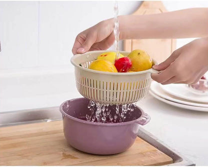 Double Layer Plastic Fruits Vegetable Washing Basket, Large Kitchen Strainer Colander Bowl Sets, Drain Bowls for Washing Washing Mixing, Detachable for Pasta Salad Berry(Large)