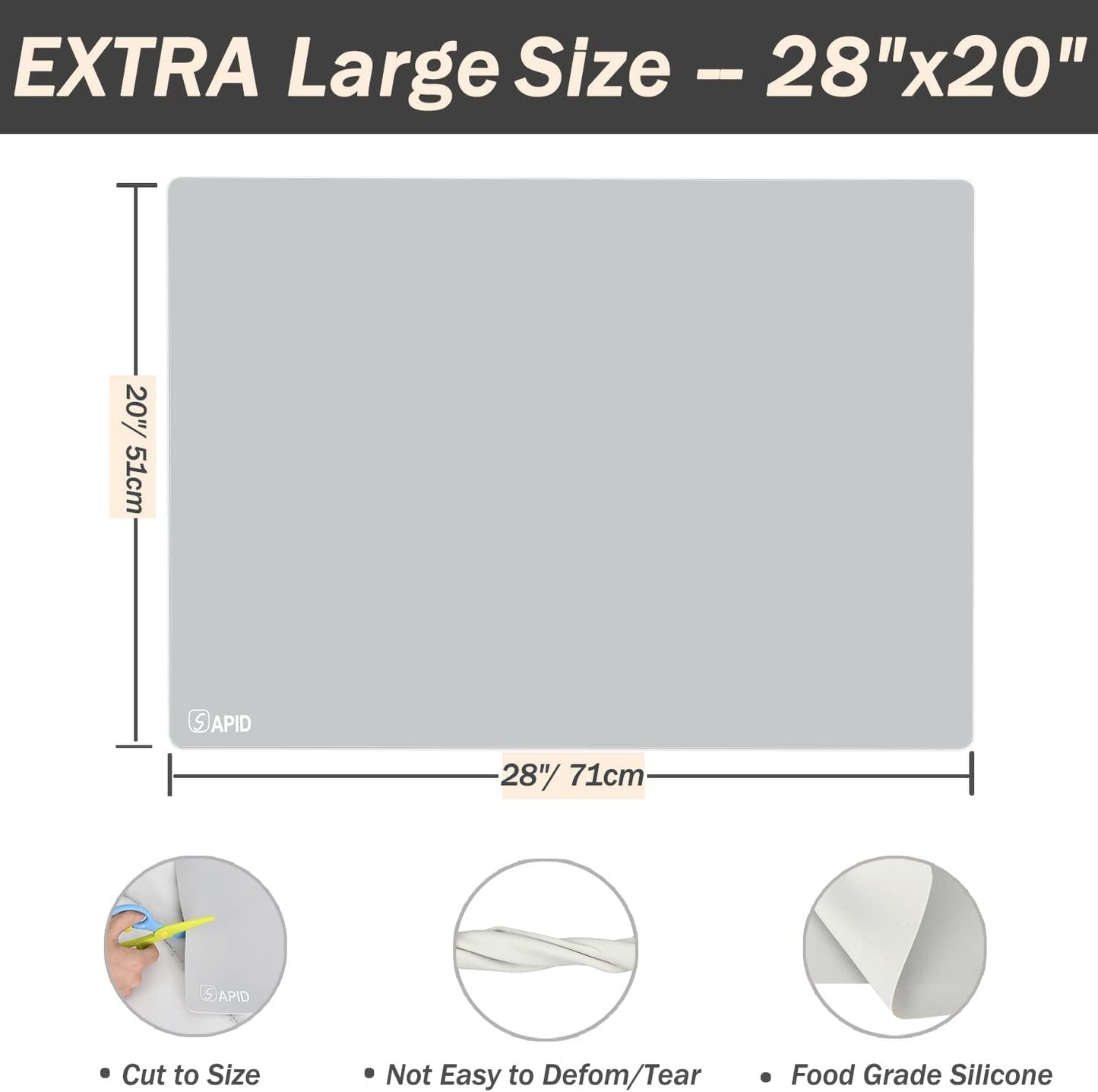 Extra Large Silicone Mat 36" x 24" Place Mats, Heat Resistant Mat for Kitchen Countertop Protector, Thick Placemats Washable Silicone Mats for Kitchen Counter Mat Dining Table Mat, Grey, Sapid