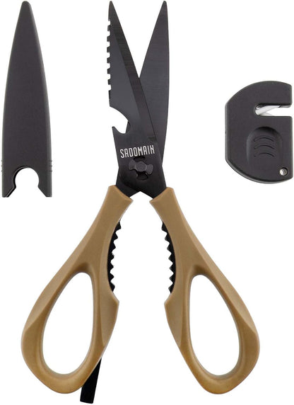 Kitchen Scissors All Purpose, Extra Sharp Kitchen Shears with Knife Sharpener & Sheath, Solid & Durable Stainless Steel Scissors with ANTI-RUST Black Titanium Plated, Dishwasher Safe - Green