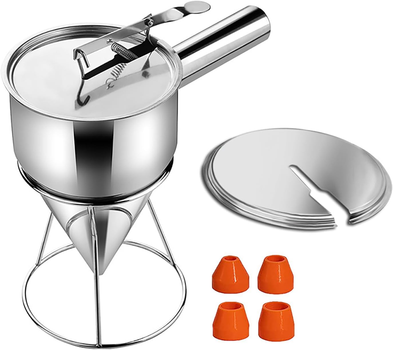 Joyeee Pancake Batter Dispenser with Cover, 40oz Funnel Cake Dispenser, Stainless Steel 4 Caliber Batter Dispenser with Squeeze Handle, Durable, Leak-Free and Easy to Clean, Great for Cupcakes, Waffle