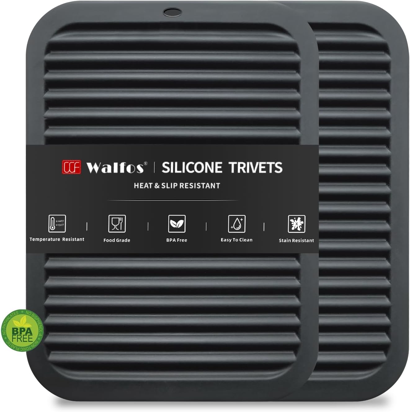 Walfos Silicone Trivet Mats - 4 Heat Resistant Pot Holders, Multipurpose Non-Slip Hot Pads for Kitchen Potholders, Hot Dishers, Jar Opener, Spoon Holder, Food Grade Silicone & BPA Free (Black)