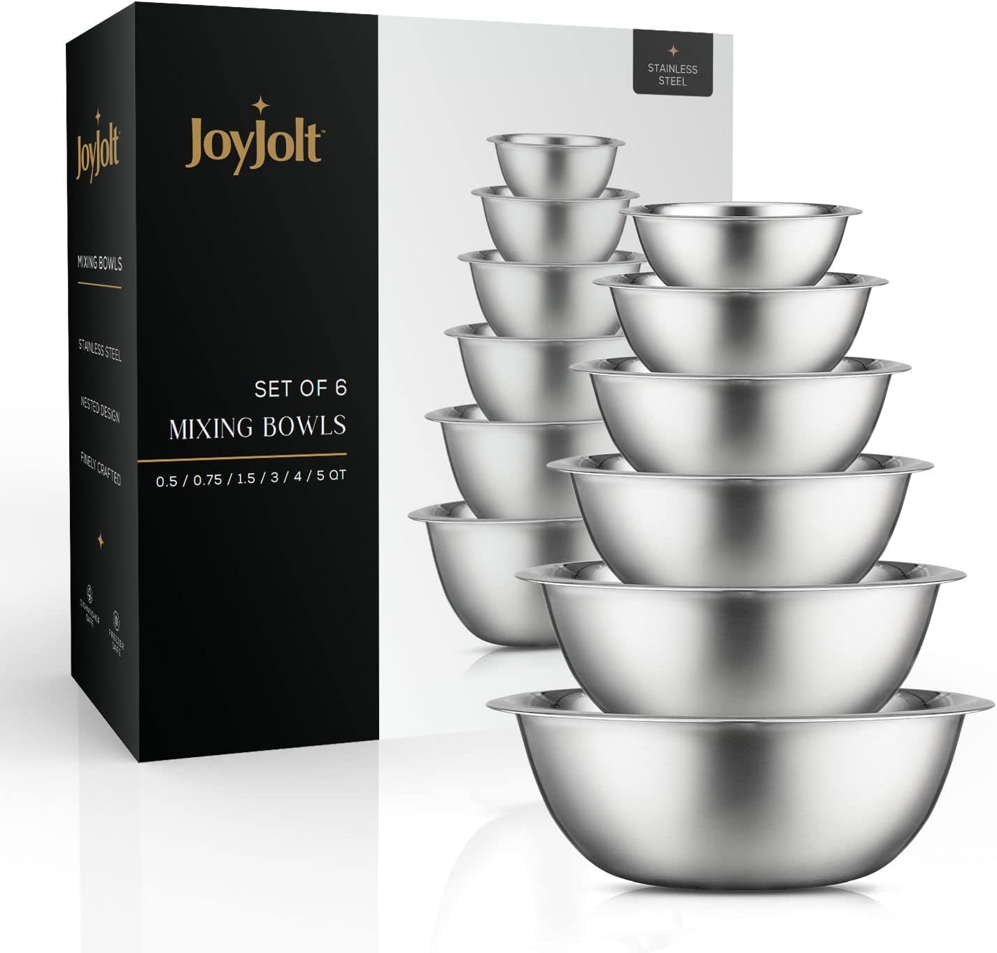 JoyJolt Stainless Steel Mixing Bowl Set of 6-5qt to 0.5qt Nesting Bowls for Dough, Batter & Baking