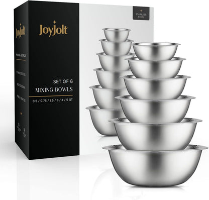 JoyJolt Stainless Steel Mixing Bowl Set of 6-5qt to 0.5qt Nesting Bowls for Dough, Batter & Baking