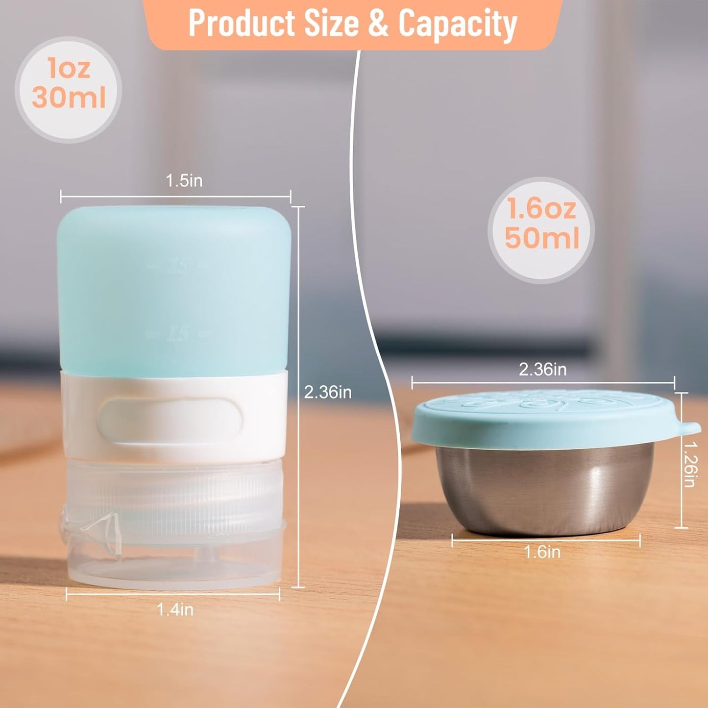 MICEBAY 8-Pack Salad Dressing Container To Go, 2-oz Silicone Small Condiment Squeeze Bottles and 1.6 oz Stainless Steel Sauce Containers Cups, Leakproof Condiment Containers with Lids for Lunch Box