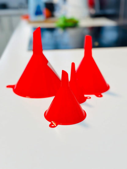 LIQVEE™ Funnel Set (4 Sizes: 122, 101, 76, 50mm) - Durable, Non-Toxic, Food-Grade Plastic funnels for Filling Bottles and containers. Ideal for Kitchen, Garage, or Labs. Perfect for Precise Pouring.