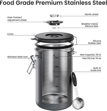 Veken Coffee Canister, Airtight Stainless Steel Kitchen Food Storage Container with Date Tracker and Scoop for Beans, Grounds, Tea, Flour, Cereal, Sugar, Cookie, 16OZ, Cream
